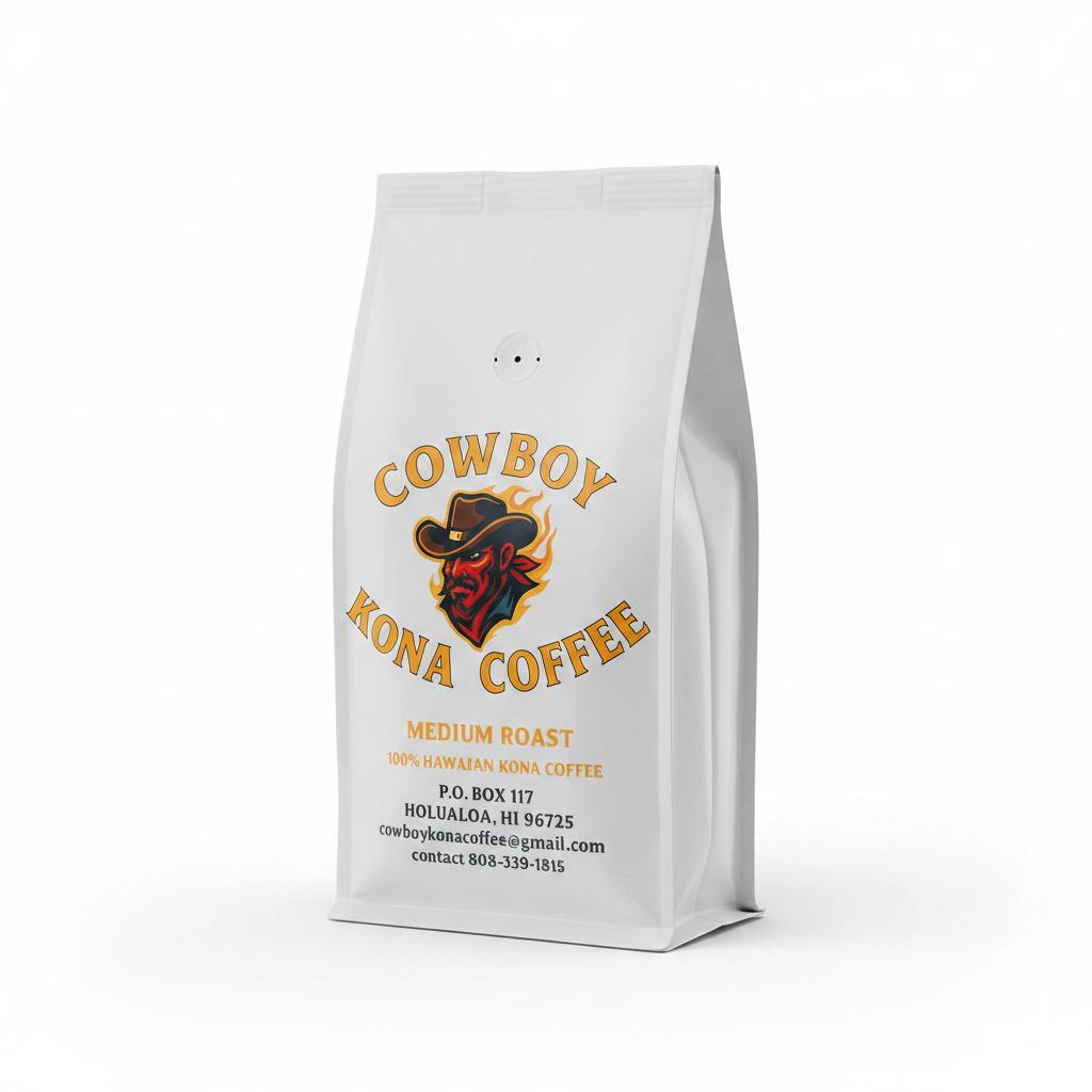 16oz white bag of Cowboy Kona Coffee Prime Medium Roast